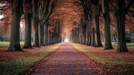 Obraz premium A peaceful park path lined with tall trees and fallen autumn leaves.