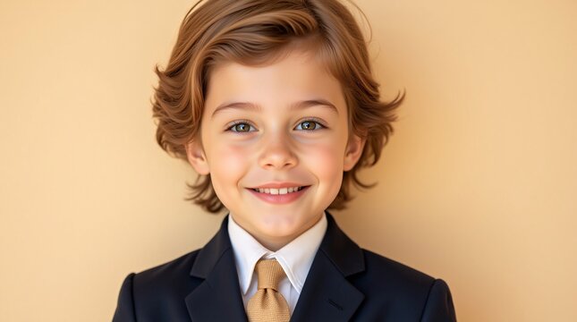 A charming young boy in a smart suit smiles radiantly, his joyful expression captivating against a soft beige background.  His golden hair adds to his overall appeal.