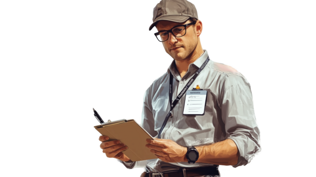 A journalist with a notepad and pen wearing a press badge isolated on a transparent background