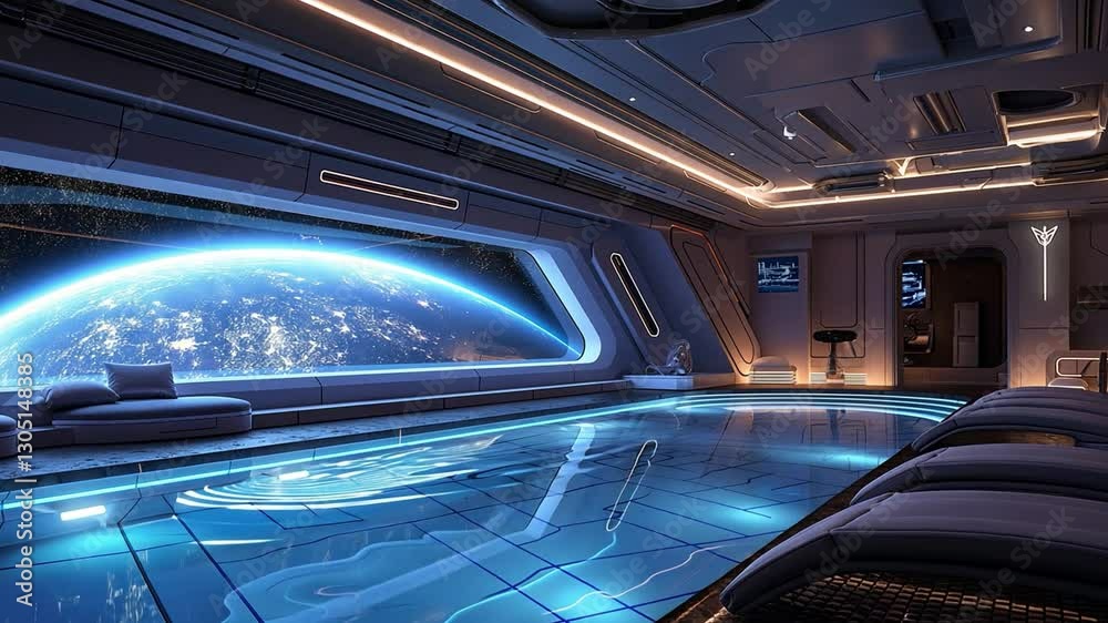 Poster this luxury suite in space showcasing breathtaking views of earth illuminated against the cosmos.