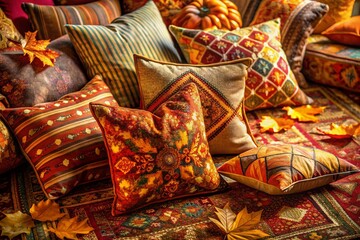 Cozy Autumn Throw Pillows on Textured Rug, Home Decor, Fall Interior Design