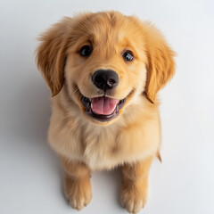 A fluffy golden retriever puppy sitting on a clean white background, looking directly into the camera with big, happy eyes