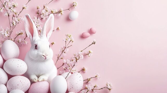 Colorful Easter celebration with bright Easter eggs and lively rabbits, set against a soft pink background. Very suitable for holiday decoration, holiday greetings, and spring themes.