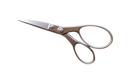 Sharp sewing scissors with metallic handles, isolated on transparent background, ready for cutting fabric or paper