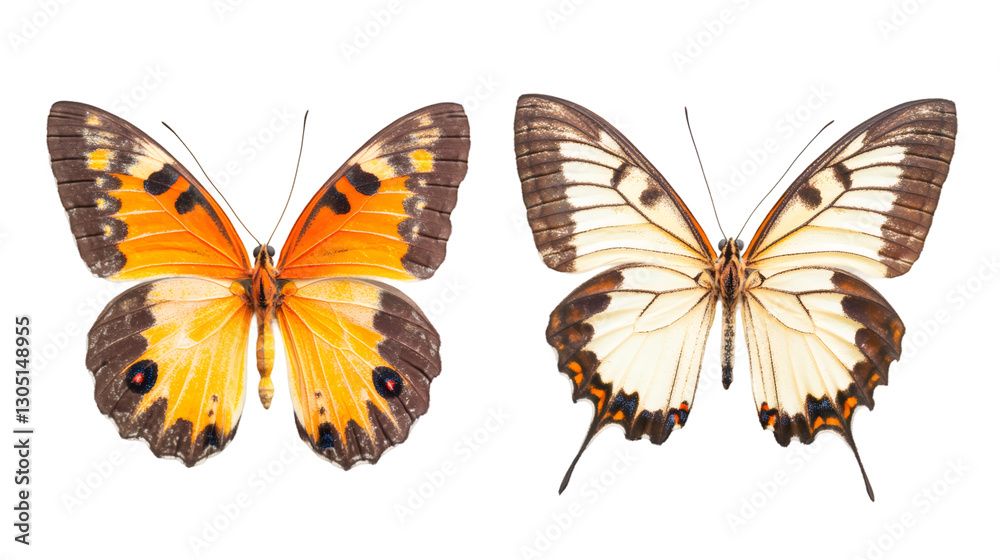 Poster Orange and white butterflies displaying vibrant wings, showcasing intricate patterns and translucent elegance against minimalist transparent backdrop
