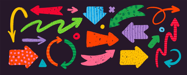 Hand drawn vector arrows with various patterns in rough rustic style.