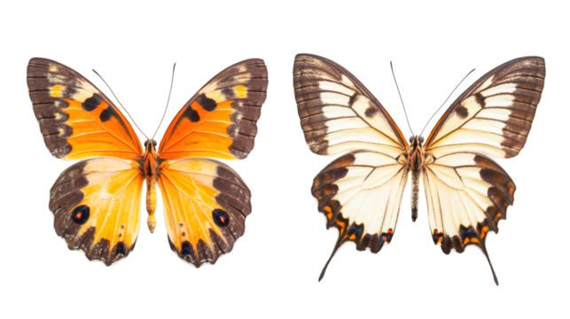 Orange and white butterflies displaying vibrant wings, showcasing intricate patterns and translucent elegance against minimalist transparent backdrop