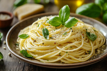 A plate of spaghetti aglio e olio, garnished with fresh basil and parmesan cheese.