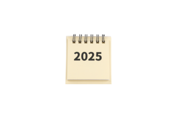 Light yellow paper mini desk calendar 2025 isolated on white background with clipping path.