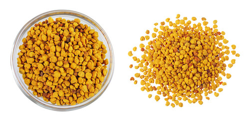 Bee pollen grains in glass bowl isolated on white background. Top view. Flat lay