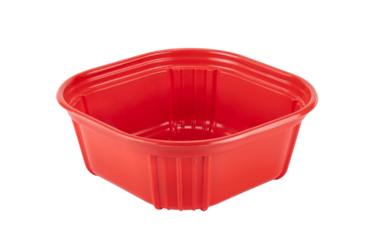 Red square plastic bowl with rounded edges isolated on white background with clipping path.