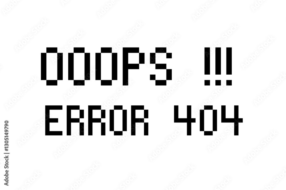 Wall mural pixelated error 404 message with oops text on white background, retro digital glitch warning. window