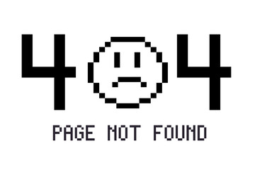  Pixelated 404 page not found error message with sad face icon on white background. Window, social media app templates. 80s 90s old computer UI elements and vintage aesthetic icons. 