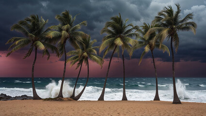 Tropical storm brewing over idyllic beach with palm trees