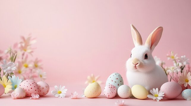 Colorful Easter celebration with bright Easter eggs and lively rabbits, set against a soft pink background. Very suitable for holiday decoration, holiday greetings, and spring themes.