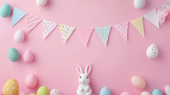 Colorful Easter celebration with bright Easter eggs and lively rabbits, set against a soft pink background. Very suitable for holiday decoration, holiday greetings, and spring themes.