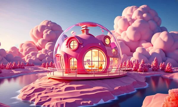 Dreamy Pink Dome House with Cloud Trees in a Fantasy Landscape