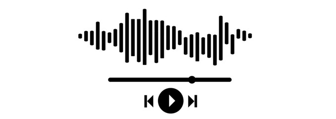 Minimalist audio waveform with media player controls in modern black and white design