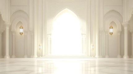 A bright white interior with arched doorways and hanging lanterns