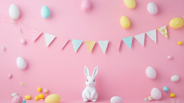 Colorful Easter celebration with bright Easter eggs and lively rabbits, set against a soft pink background. Very suitable for holiday decoration, holiday greetings, and spring themes.