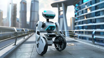 Silver intelligent robot for security that gives people a sense of security in future city scenes 