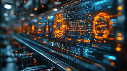 Naklejka premium Holographic engineering interface displaying AI-driven real-time industrial simulation, refining futuristic interactive design visualization, optimizing smart infrastructure planning