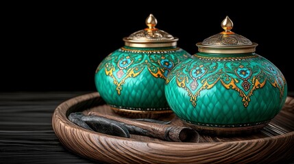 Two ornate teal jars with gold accents sit on a dark wooden tray, accompanied by dark brown incense sticks. Dark background enhances the rich colors and details.