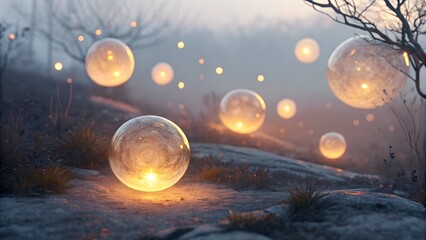 Fototapeta premium Illuminated Spheres in Misty Forest
