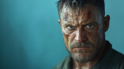 Gritty Portrait of a Battle-Scarred Prisoner with Intense Stare
