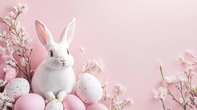 Colorful Easter celebration with bright Easter eggs and lively rabbits, set against a soft pink background. Very suitable for holiday decoration, holiday greetings, and spring themes.