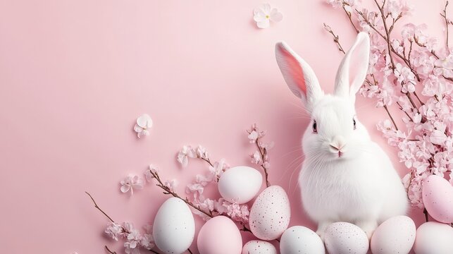 Colorful Easter celebration with bright Easter eggs and lively rabbits, set against a soft pink background. Very suitable for holiday decoration, holiday greetings, and spring themes.
