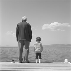 Grandfather and granddaughter share a quiet moment by the sea.