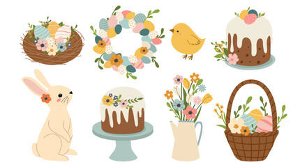 Easter set with painted eggs, rabbits, chickens, flowers, cakes. Easter and spring elements. Vector illustration in flat style

