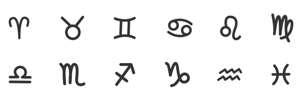  Zodiac symbols  with twelve astrological signs in a minimalistic black line style, Aries to Pisces. Isolated horoscope zodiac symbols. Zodiac astrology vector illustration.