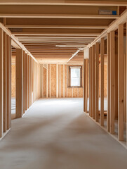 New home construction:  A view down a long hallway in a house under construction.