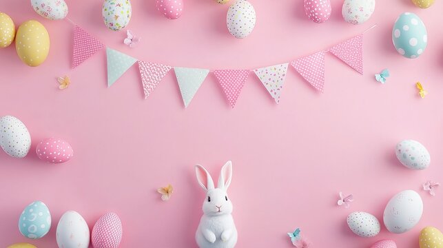 Colorful Easter celebration with bright Easter eggs and lively rabbits, set against a soft pink background. Very suitable for holiday decoration, holiday greetings, and spring themes.