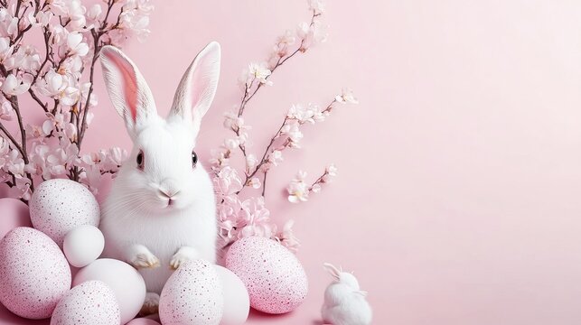 Colorful Easter celebration with bright Easter eggs and lively rabbits, set against a soft pink background. Very suitable for holiday decoration, holiday greetings, and spring themes.