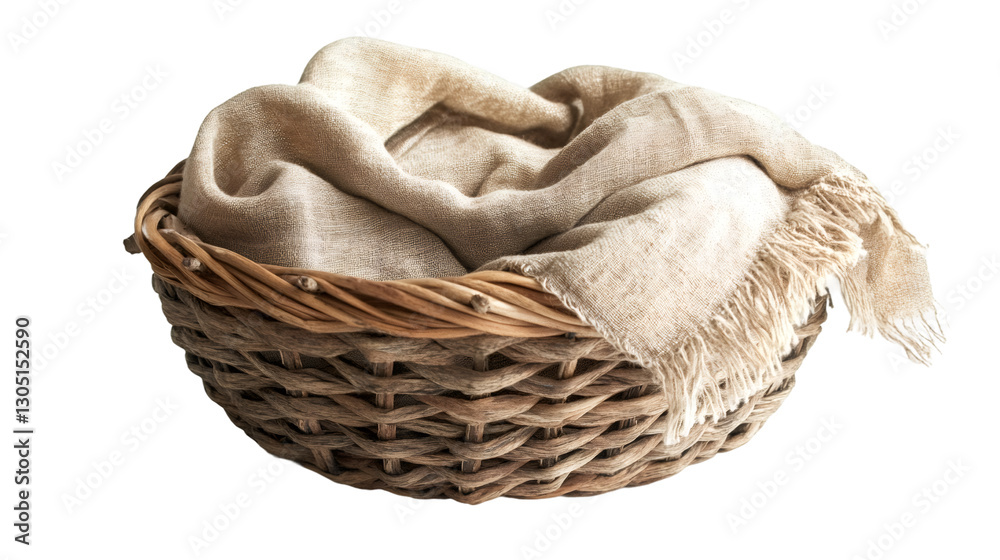 Poster neutral wicker basket holding soft beige blanket, clean background supporting minimalist styling for