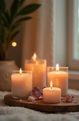 lit candles with soft glow on wooden tray surrounded by crystals, tranquil atmosphere. concept of relaxation and mindfulness. cozy home decor. wellness, spa, meditation