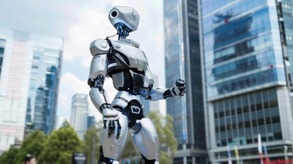 Silver intelligent robot for security that gives people a sense of security in future city scenes 
