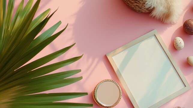 The blank photo frame is located on the right side of the soft pink Easter themed background, adorned with delicate flowers and small Easter eggs. Taken from above, it showcases a minimalist style.