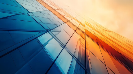 Fototapeta premium Blue-Orange Gradient Building Reflecting in Sunset