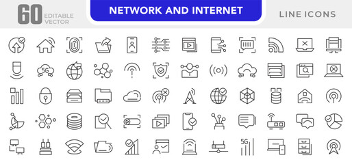 Network and Internet line icon set. Smart home, control, system, technology, alarm, surveillance, lock, computer, wifi, communication line icon set. UI thin line icon pack.