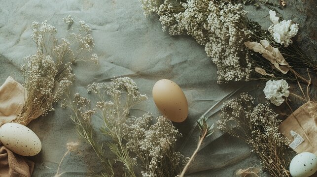 The soft background is decorated with wildflowers and Easter eggs, surrounded by white flowers and beige fabric, with two small daisies in the upper left corner as natural elements.
