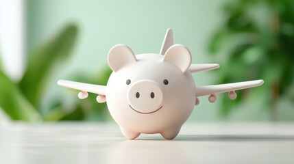 Piggy bank in shape of airplane, travel money savings concept, budget planning visualization.