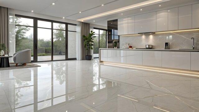 Modern Open Plan Kitchen and Living Area with Large Windows and Polished Floor