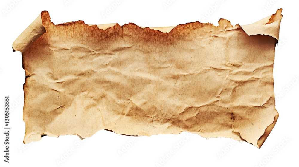 Poster Crumpled and burnt paper scroll with curled edges isolated on transparent background, ideal for ancient documents or vintage messages