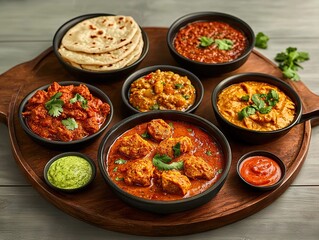 Delicious indian cuisine feast home kitchen food photograph rustic setting bird's eye view culinary delight