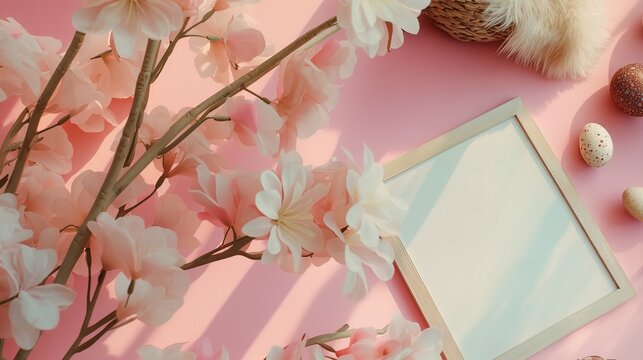 The blank photo frame is located on the right side of the soft pink Easter themed background, adorned with delicate flowers and small Easter eggs. Taken from above, it showcases a minimalist style.