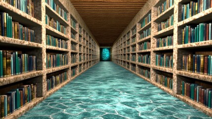 Long stone corridor library interior with teal floor, bookshelves filled with colorful books, and a mysterious glowing portal at the far end. The scene evokes a sense of mystery and wonder.
